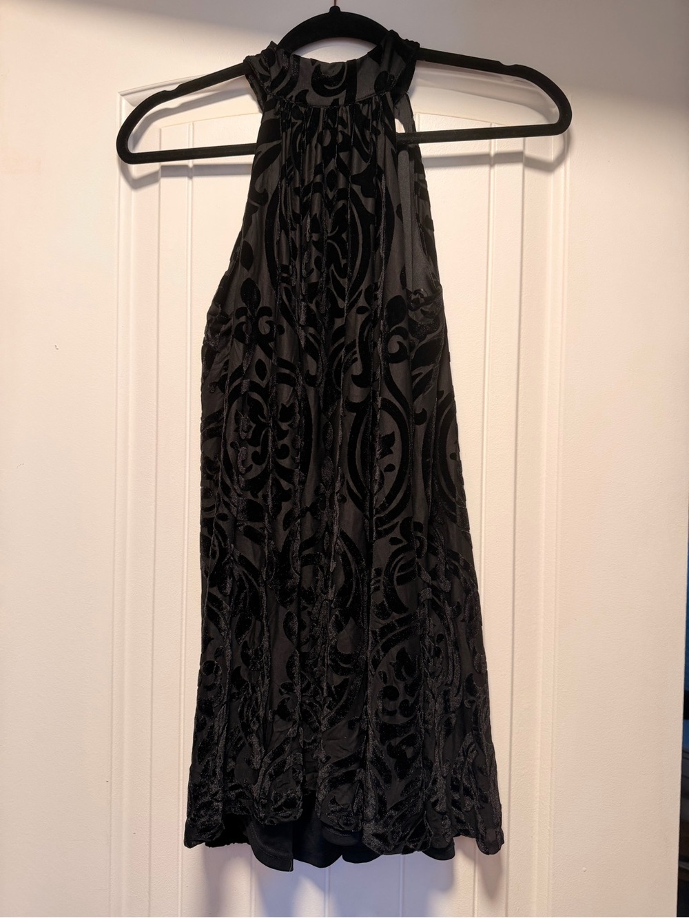 Francesca's Collections Black Velvet Flocked Halter Mini Dress